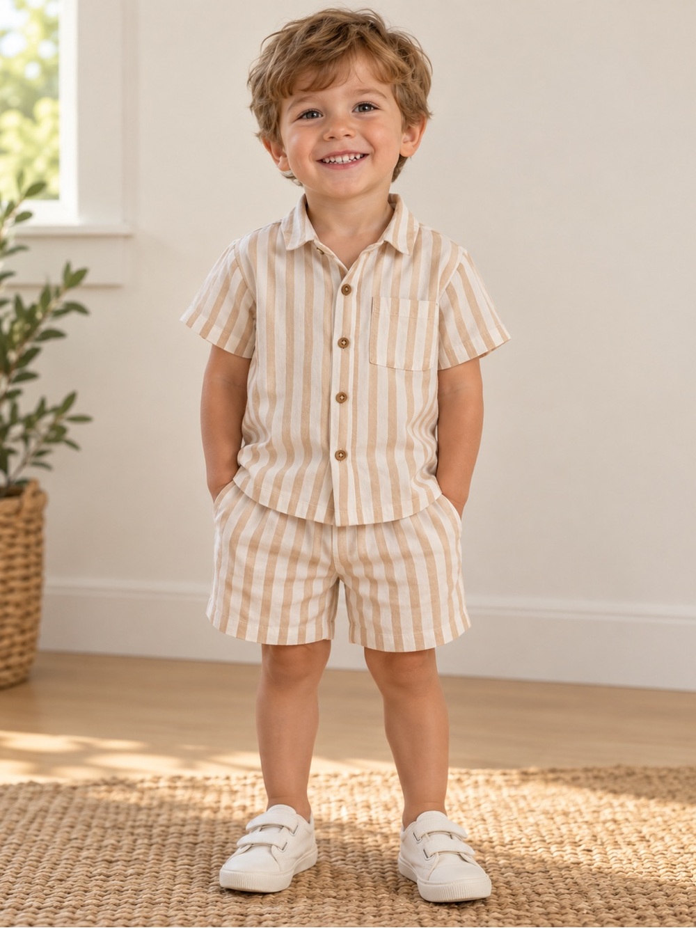 Zara Kids 3–4Y Beige & White Striped Button-Up Shirt & Shorts 2-Piece Set